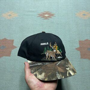 Vintage k products brand SnapBack hat cap case deer camo embroidered farm